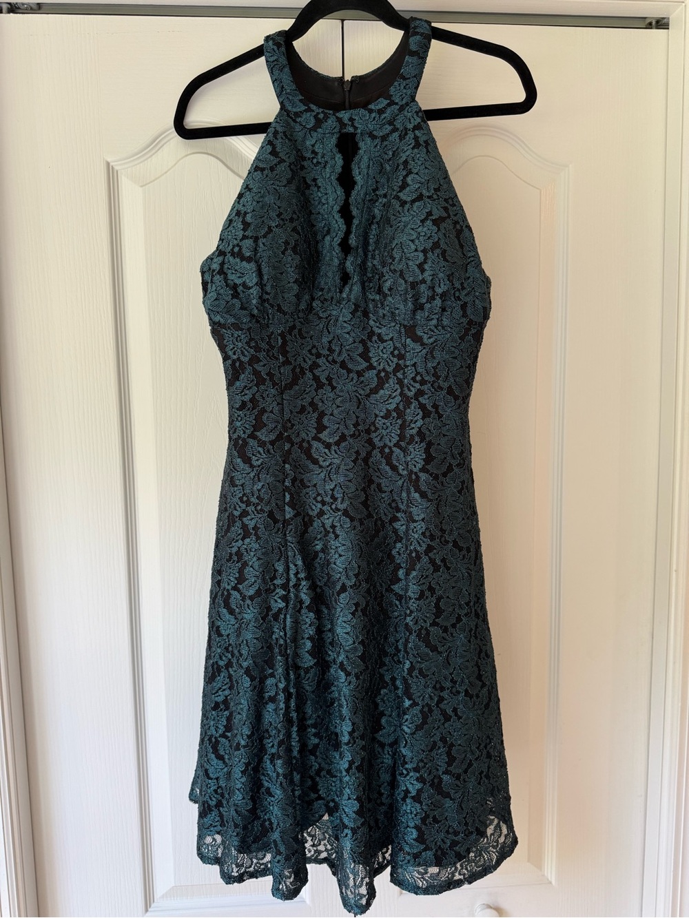 R&M Richards Women’s Short Teal Lace Fit & Flare Halter Dress